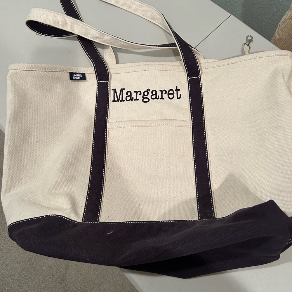 Lands' End Extra Large Boat Tote Navy and Cream - Personalized